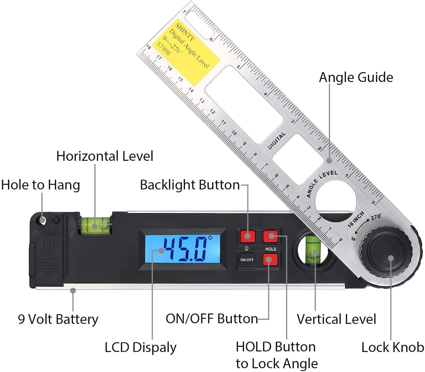 Neoteck Digital Angle Finder Ruler 180mm 0-270° Digital Angle ...