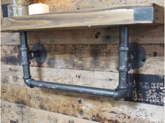 Homes on Trend Industrial Steampunk Style Wood & Metal Pipe Wall Shelf Storage Shelving Unit - Image 3