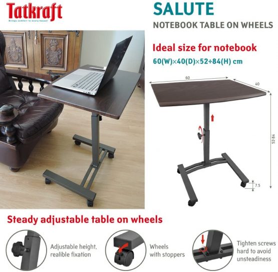 Tatkraft Salute Mobile Laptop Stand Desk Adjustable Height 52-84cm 4 casters (with locking device) - Image 4