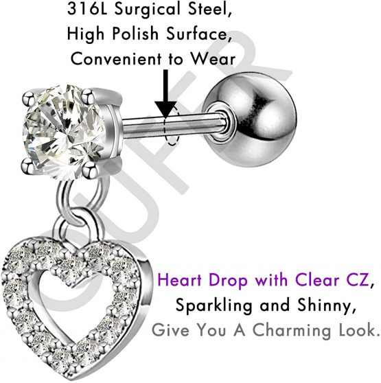 OUFER 16G 316L Stainless Steel Cartilage Earring Heart Shape Dangle Tragus Bars Clear CZ Helix Earrings - Image 3
