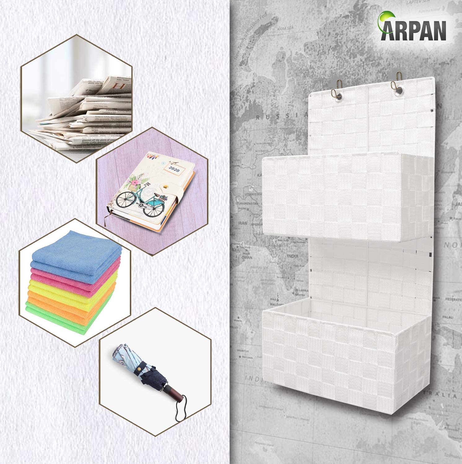 ARPAN Wall Hanging 2-Shelf Storage Basket, Nylon Hanging Storage Organiser for Bathroom Home or Office, 28 x 15 x 58 cm (White) - Image 3