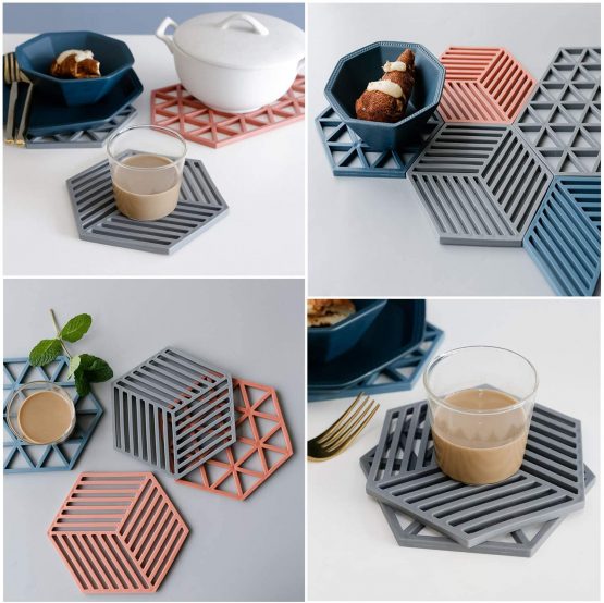 Deolven Silicone Table Mats,6 Pieces Insulated Flexible Durable Non Slip Coasters Kitchen Table Protector Mat Heat Trivet Mat for Bowl Dishes Blue/Grey/Orange 16 * 14cm - Image 3