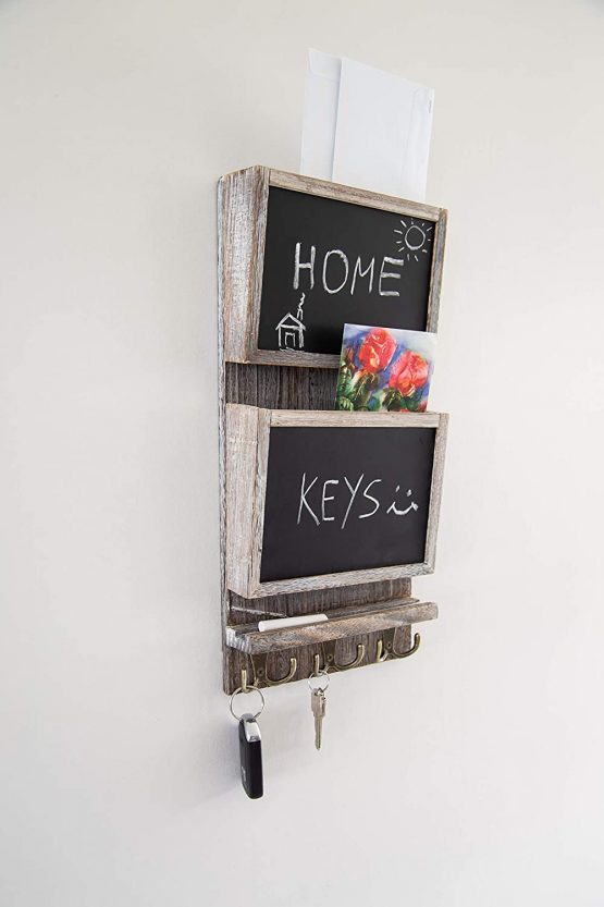 Rustic 2-Slot Mail Sorter Organizer for Wall with Chalkboard Surface & 3 Double Key Hooks - Wooden Wall Mount Mail Holder Organizer – Wall Décor for Entryway made of Paulownia Wood - Rustic White - Image 3