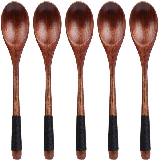 Coolty 5 Piece Wooden Spoon, Japanese Style Soup Spoon, Kitchen Utensil Set for Eating Mixing Stirring Cooking