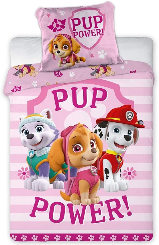 Paw Patrol Girls' bed linen, children's bed linen, cotton bed linen, pink, PUP power, reversible bed linen, pillowcase 40 x 60 cm, duvet cover 100 x 135 cm.