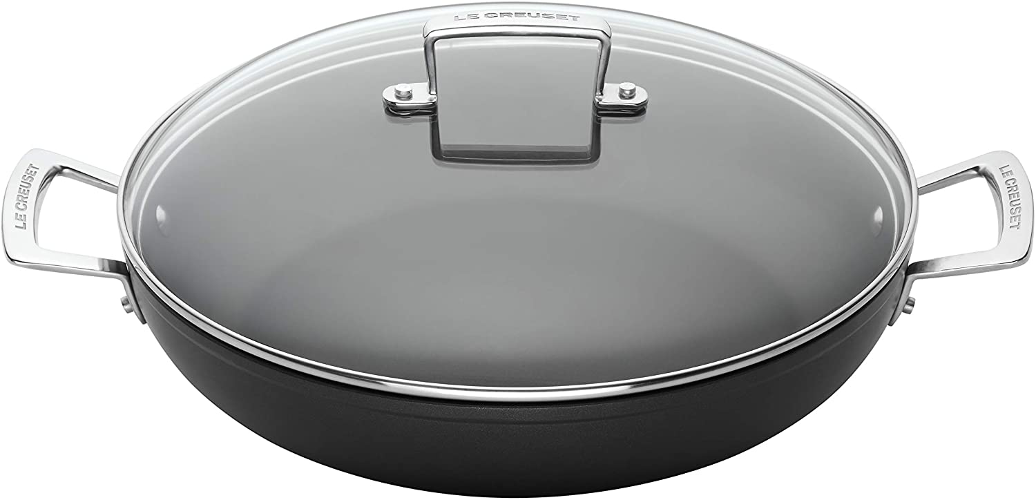 LE CREUSET Toughened Non-Stick Shallow Casserole Pot with Glass Lid, diameter 24 cm, Black, 962007240
