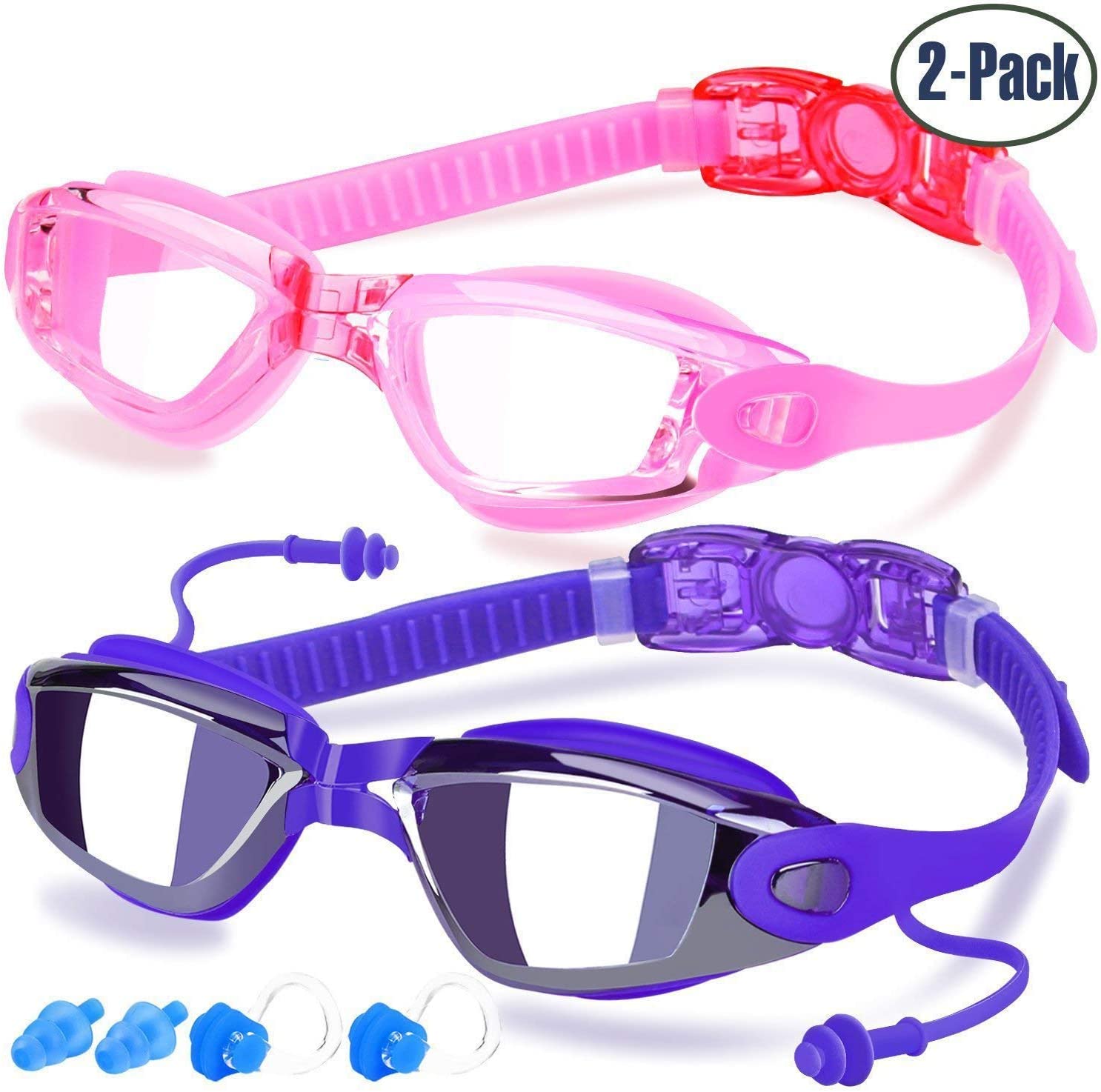 COOLOO Swimming Goggles, 2 Pack Swim Goggles for Adult Men Women Youth Kids 8+