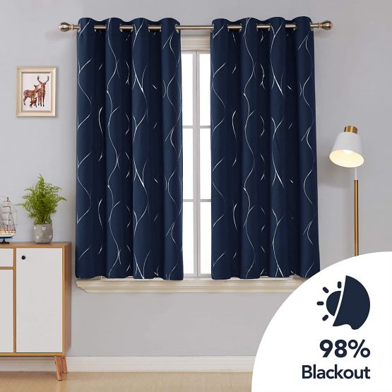 Deconovo Eyelet Curtains, Blackout Curtains, Home Decoration Thermal Insulated Wave Foil Printed Material Curtains for Bedroom Windows, Inch(Width x Length), Navy Blue, one pair - Image 2
