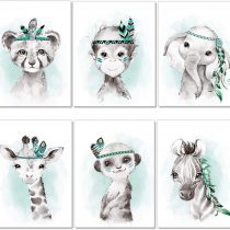 artpin® P62 Set of 6 Pictures for Child's Room Boys Girls in Mint Grey Feather - Posters Forest Jungle Baby Room Indian Animals
