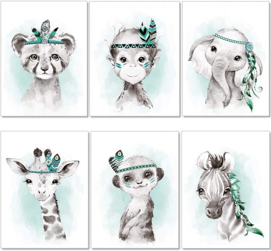 artpin® P62 Set of 6 Pictures for Child's Room Boys Girls in Mint Grey Feather - Posters Forest Jungle Baby Room Indian Animals