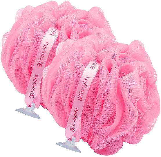 Bodylife Exfoliating Bath & Shower Body Puff/Scrunchie/Buffer Flamingo Pink 55g Twin Pack