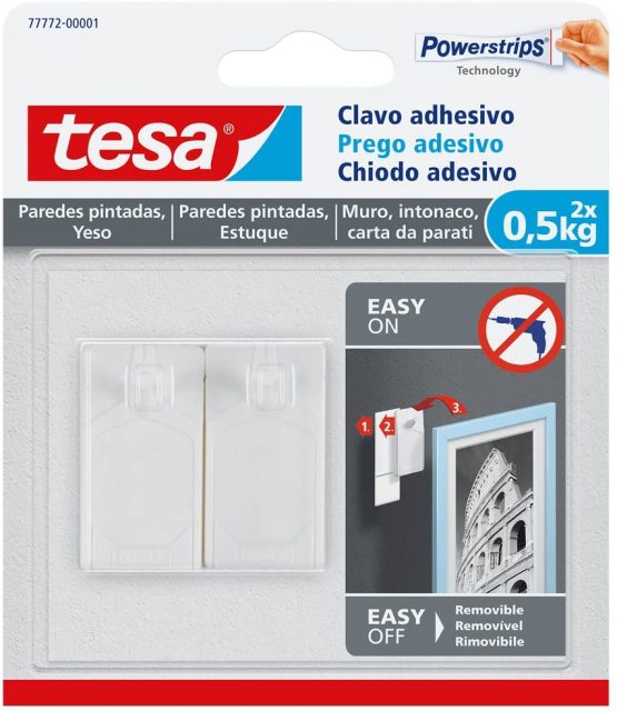 tesa 77772-00001-00 TE77772-00001-00 SMS Clavo Adhesivo Hasta 0,5Kg para Pared Pintada, Standard, Set of 2 Pieces