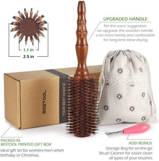 BESTOOL Round Brush for Blow Drying, Boar Bristle Round Hair Brush with Wooden Barrel, Large Round Styling Brush for Women & Men, Straightening, Curling, Adding Shine or Volume (2.2 Inch) - Image 2