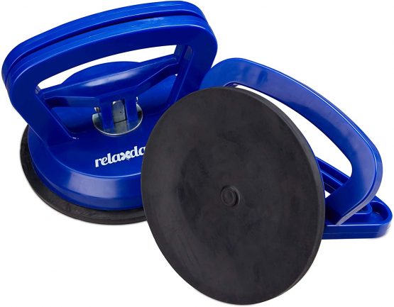 Relaxdays 10029465, Blue Suction Cups Set of 2, Heavy Duty Glass Lifting, Hand-held Vacuum Pads, Transport Handle, 45 kg, Ø 12 cm, Pack of 2