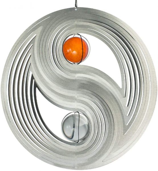 MIC CIM Stainless steel wind spinner - YIN YANG 300 - Dimension: Ø30cm, balls: 2xØ5cm - mit glass balls, ball-bearing, hook und 1m nylon cord