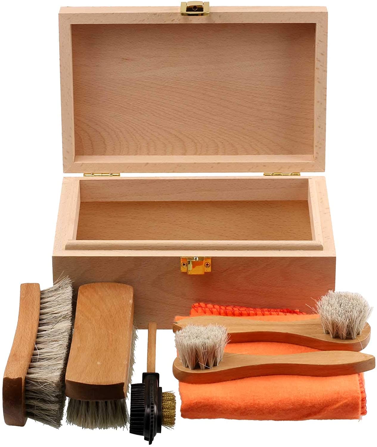 Cathcart Elliot Beech Wood Shoe Valet Box Shoe Care Kit with Horsehair Brushes, No Polish