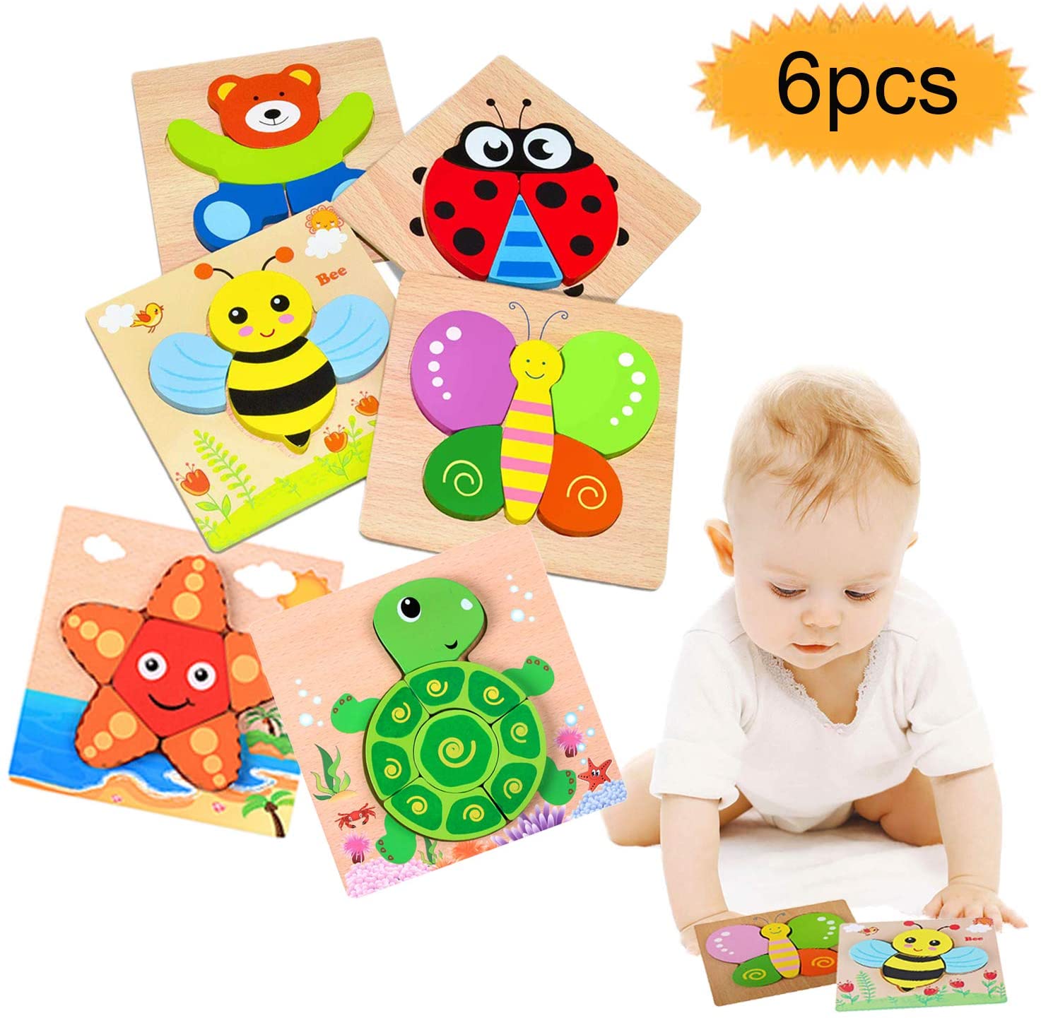 bluesees Wooden Puzzle Set, 6pcs Wooden Jigsaw Puzzles Toys for Kids ...
