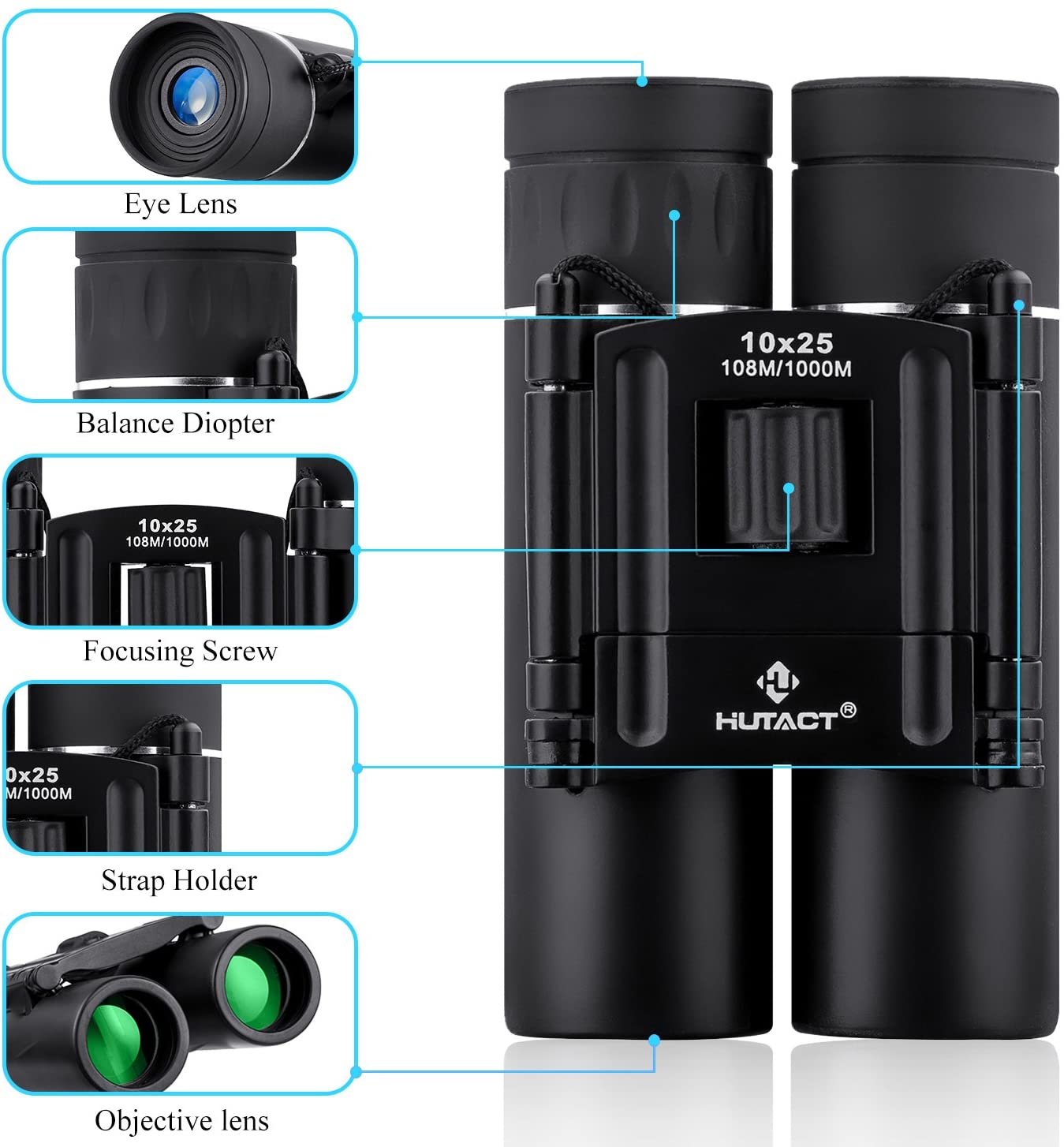 HUTACT Binoculars Compact 10x25 Small and Lightweight Rubber Shell Touching, 