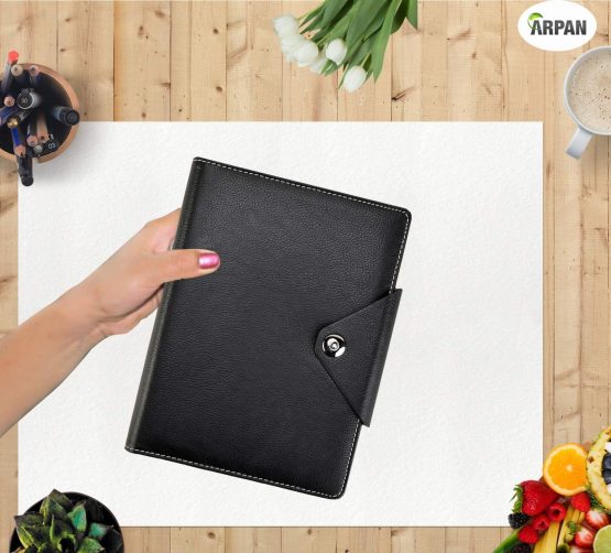 Arpan A5 Executive Personal Organiser Ruled Notebook Padded Leather Cover with Stud Button Closure (Black) - Image 2