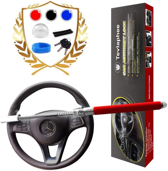 Tevlaphee Steering Wheel Lock For Cars,Car Steering Wheel Lock,Vehicle Anti-Theft Lock,Adjustable Double Hook Universal Fit Emergency Hammer Window Breaker Self Defense Heavy Duty Secure (Red)