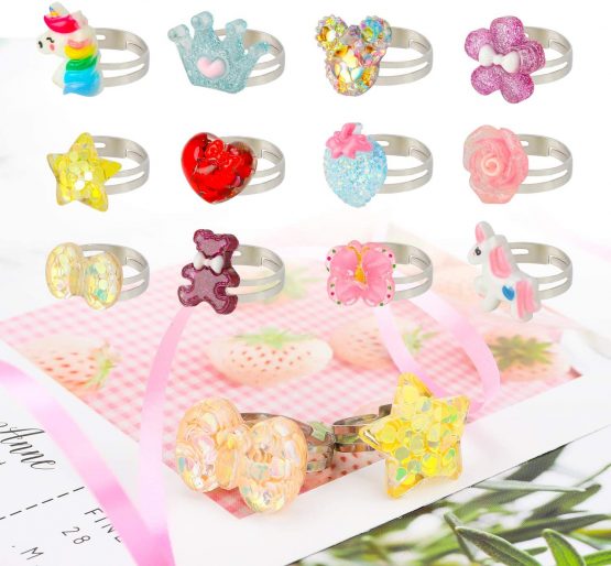 Hifot 12 pcs Little Girls Adjustable Rings, Princess Jewelry Finger Rings with Heart Shape Box, Girl Pretend Play and Dress up Rings for Children Kids - Image 2