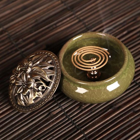 Guwheat Porcelain Incense Holder Burner (Stick/Cone/Coil Incense) Ceramic Ash Catcher Tray Bowl with Brass Calabash Incense Stick Holder (Emerald) - Image 2