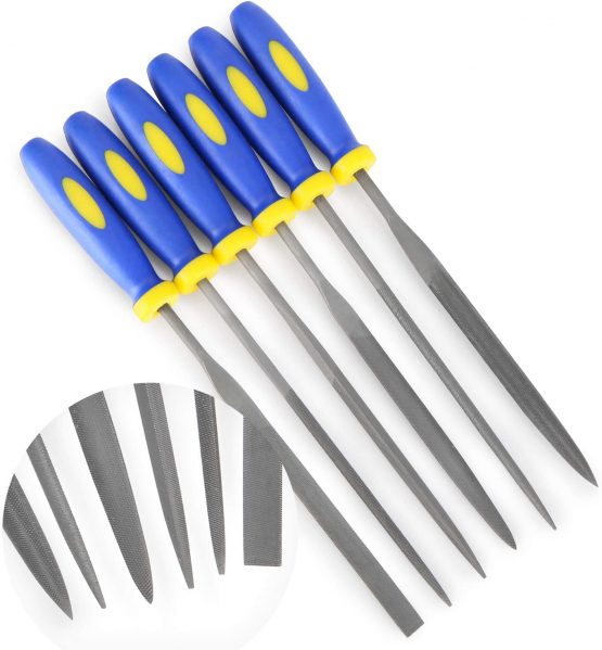 Mini Needle File Set (Carbon Steel 6 Piece-Set) Hardened Alloy Strength Steel - Set Includes Flat, Flat Warding, Square, Triangular, Round, and Half-Round File(6'' Total Length)