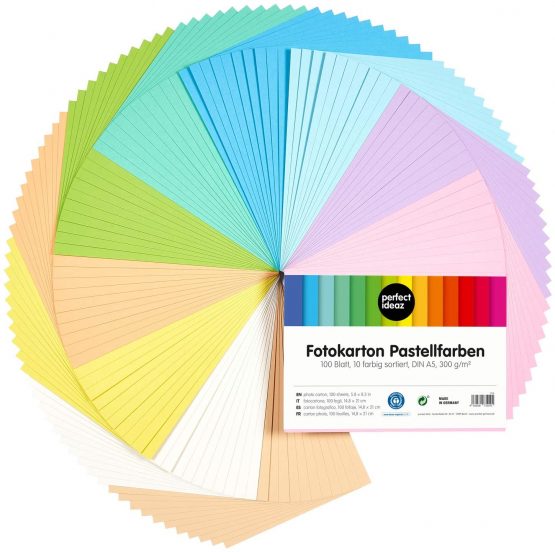 perfect ideaz 100 Sheets of DIN-A5 Coloured Pastel Photo Card, Craft Paper, Dyed Through Sheets, 10 Different Light Colours, 300g /qm, Tinted Drawing Card for Crafts, Colourful Set of Coloured Sheets - Image 3