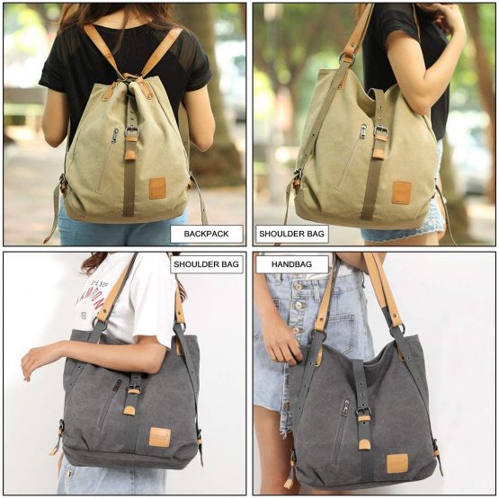 Kono Women Canvas Backpack Shoulder Bag Fashion Multifunctional Casual 3 in 1 Ladies Travel Daypack Handbags (Khaki) - Image 2