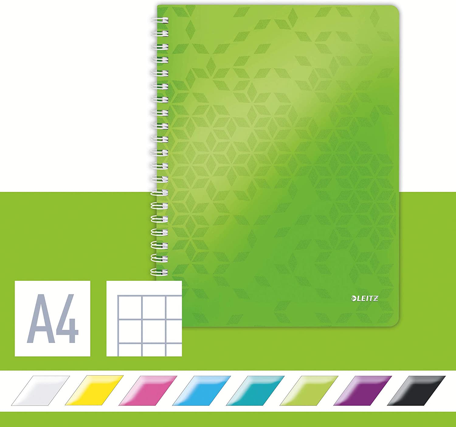 Leitz 46380054 A4 Flexible Cover Notebook, Green, Wire Bound, 80 Sheets, Squared Paper, 90 gsm Ivory Paper, WOW Range