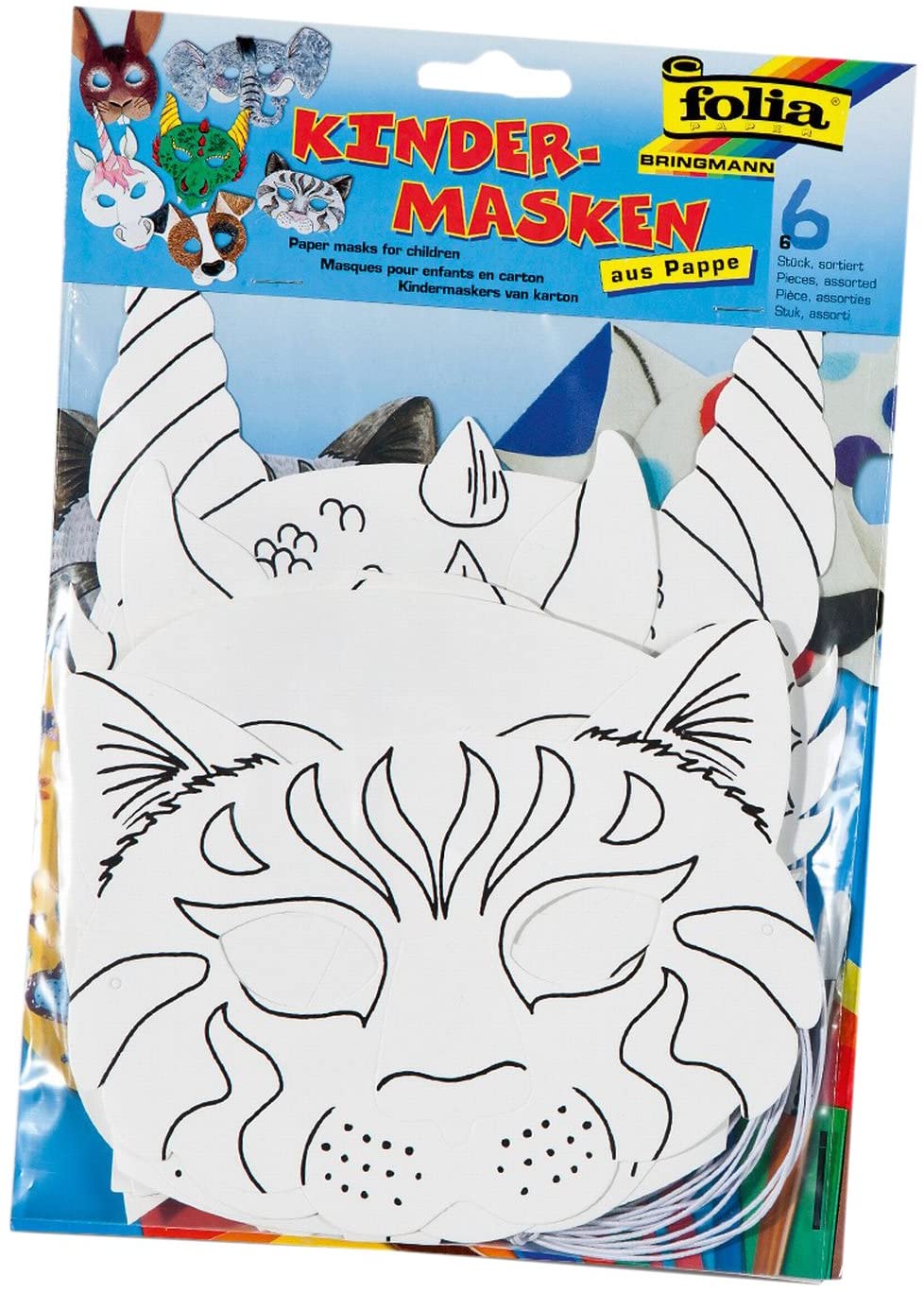 Folia 23209 Children's Masks Cardboard 6 Assorted Designs, White