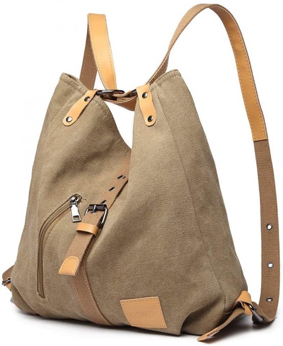 Kono Women Canvas Backpack Shoulder Bag Fashion Multifunctional Casual 3 in 1 Ladies Travel Daypack Handbags (Khaki)
