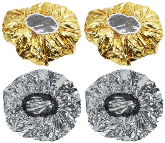 Minkissy 4pcs Aluminum Foil Cap Elastic Hair Coloring Cap Disposable Heat Shower Cap for Deep Conditioning Salon Spa (Golden Silver)
