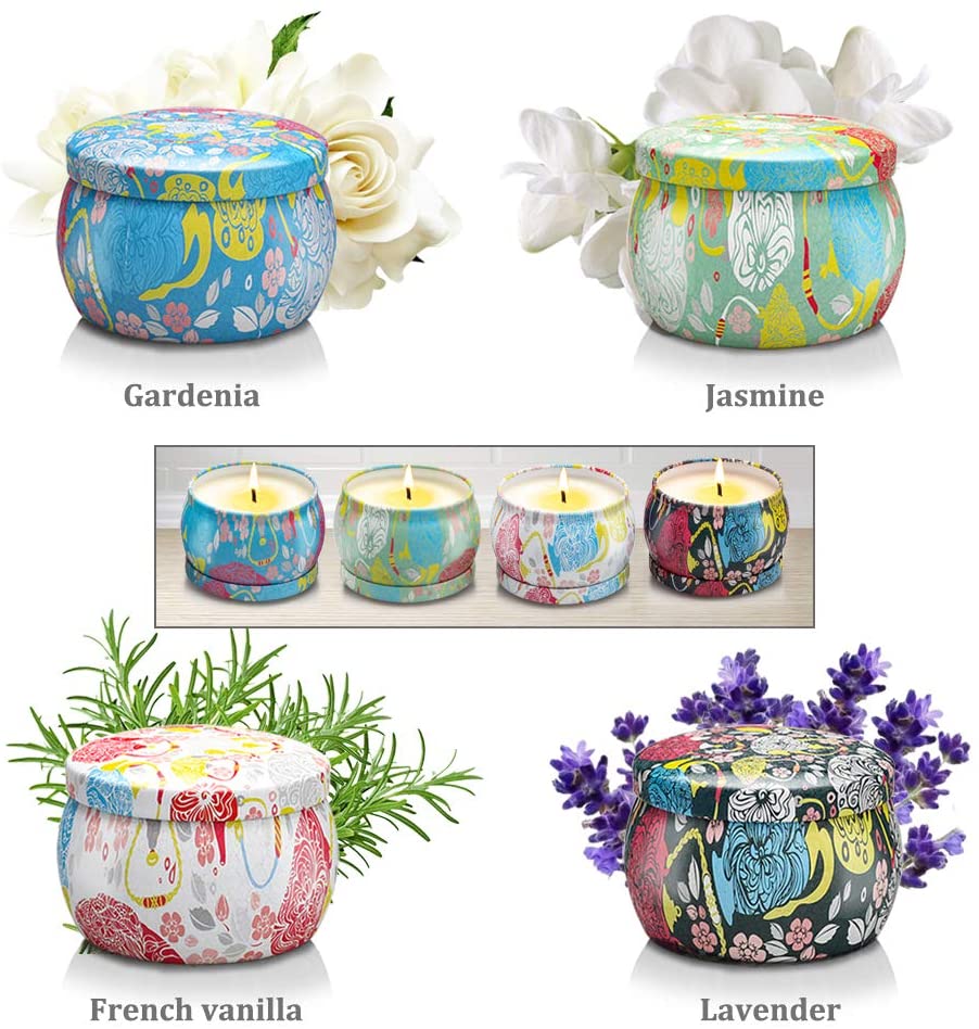 Natural Soy Wax Portable Travel Tin Fragrance Xmas Gifts on Birthday Christmas for Bath Yoga Aromatherapy Lavender Jasmine and Vanilla Large Size Scented Candles Gifts Sets for Women-Gardenia