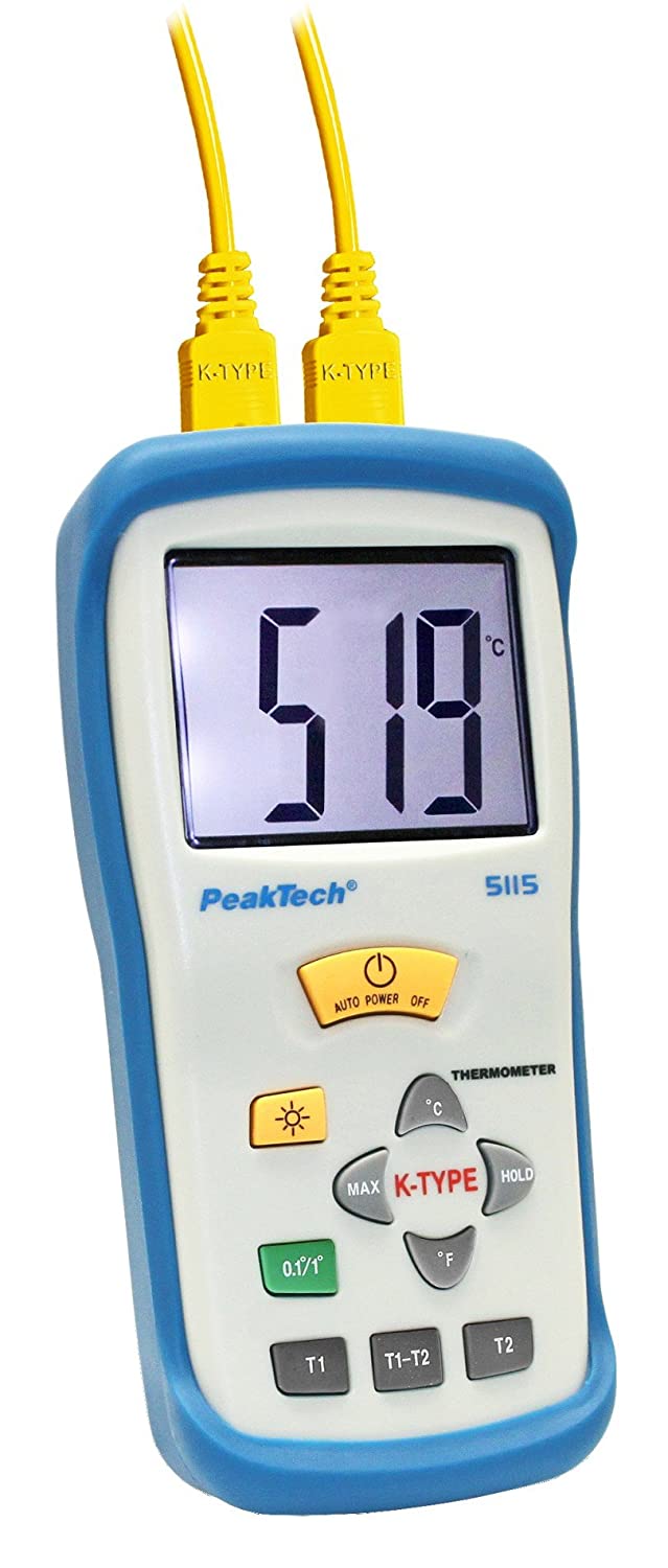 PeakTech 2 Channel Professional Digital Thermometer with Large Display for Type K Sensor/Thermocouple -50 +1300 °C; 2000 Count