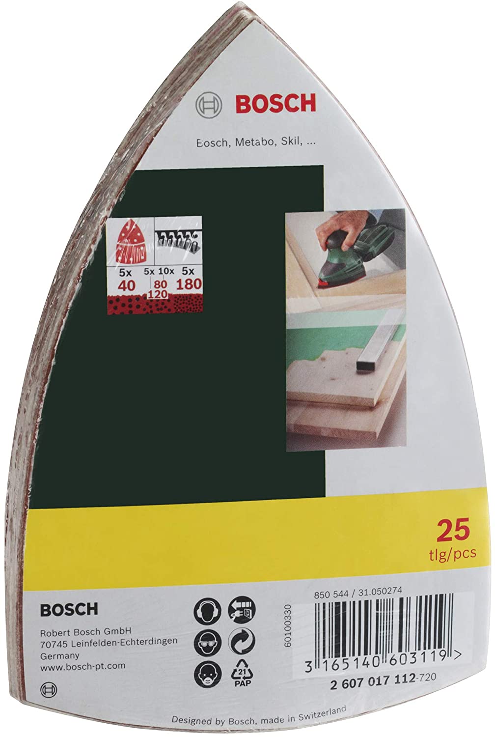 Bosch 25 pcs. Sanding Sheet Set (for Wood Body Fillers, Paint, Varnish, Grit 40/80/120/180, 11 Holes, 102 x 62.93 mm - Image 2