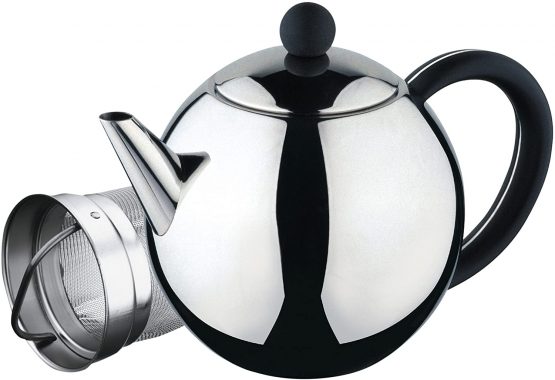 Café Ole Rondo ST-017X Stainless Steel Tea Pot Easy Pour Teapot with Infuser Basket 17oz 500ml, Black Bakelite Handle