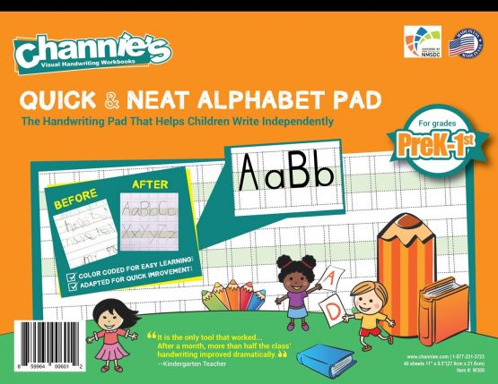 Channie’s Quick & Neat Alphabet Writing Pad, Practice Handwriting & Printing Workbook, 80 Pages Front & Back, 40 Sheets, Grades PreK – 1st, Size 8.5” x 11”