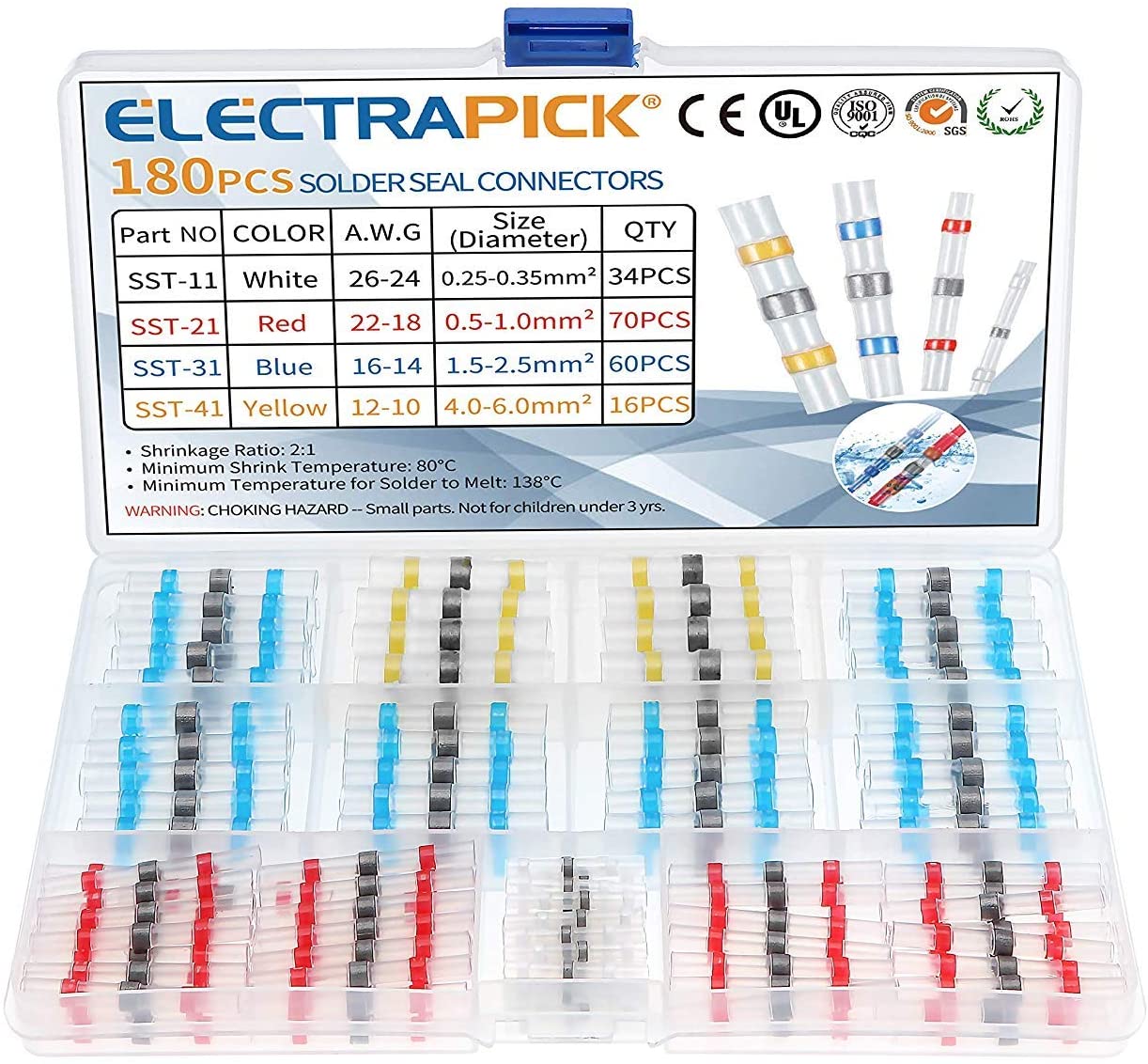 electrapick Solder Seal Wire Connectors, 180 PCS Waterproof Heat Shrink Butt Connectors, Electrical Wire Terminals