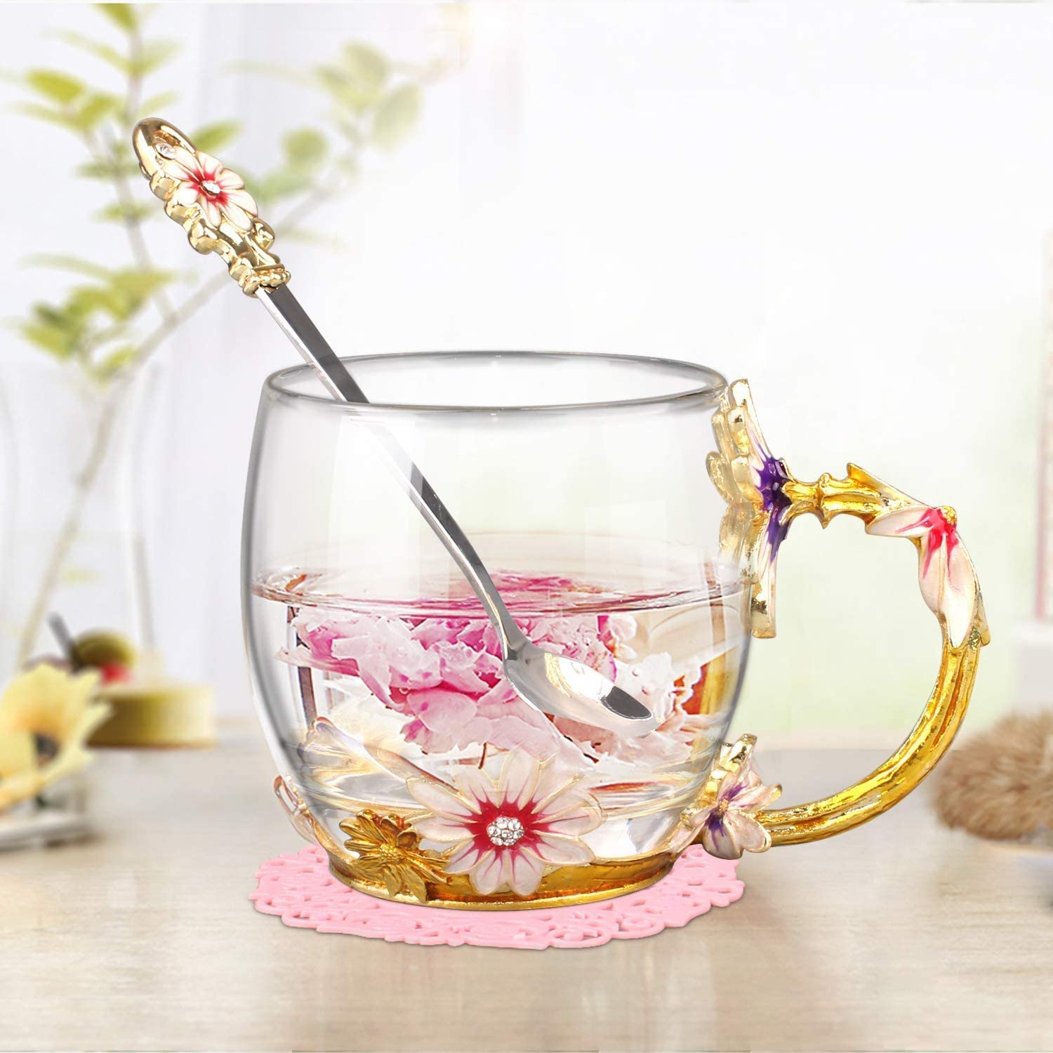 TKLake LeadFree Enamel Flower Glass Mug/Coffee Mug/Tea Cup with Steel