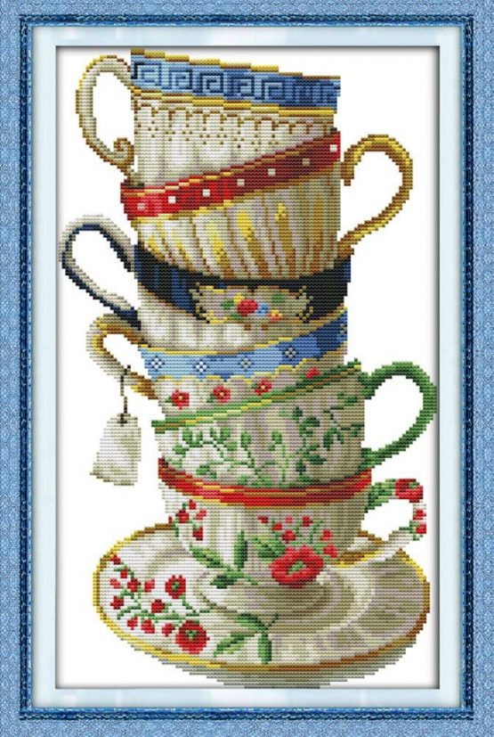 Benway Stamped Cross Stitch Kit, Embroidery Kit, Wall decoration, DIY gift, Six Beatiful Coffee Cups 11 Count 35x54cm