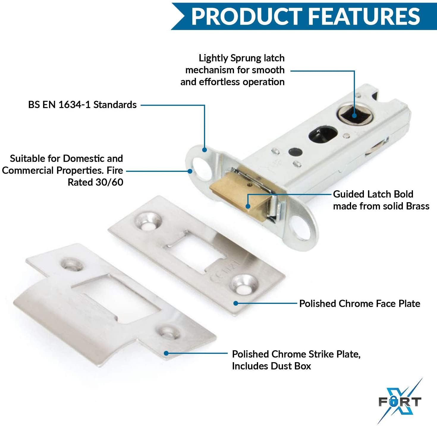 XFORT Tubular Latch, Polished Chrome, Tubular Door Latch for Internal Wooden Doors (4 Pack, 65mm) - Image 3