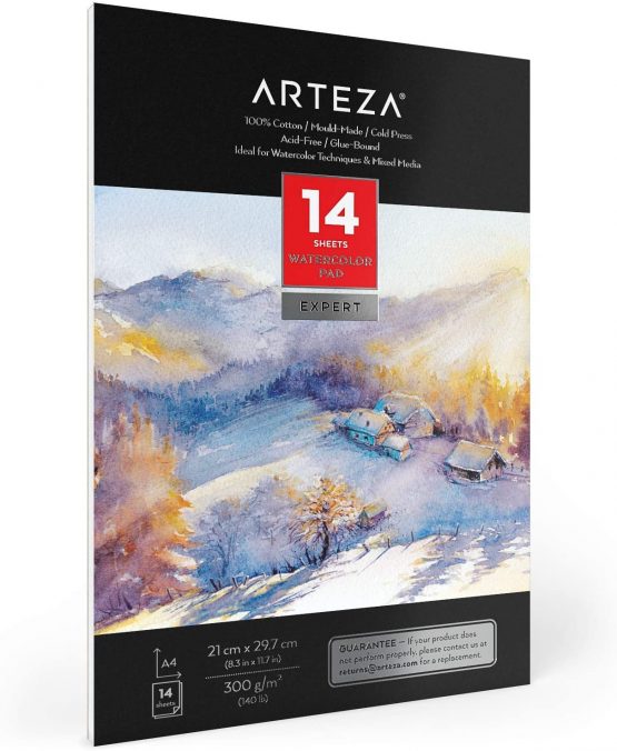 Arteza Watercolour Paper Pad A4, 14 Sheets, 300gsm Watercolour Paper, 100% Cotton, Cold-Pressed, Art Supplies for Watercolour Techniques and Mixed Media