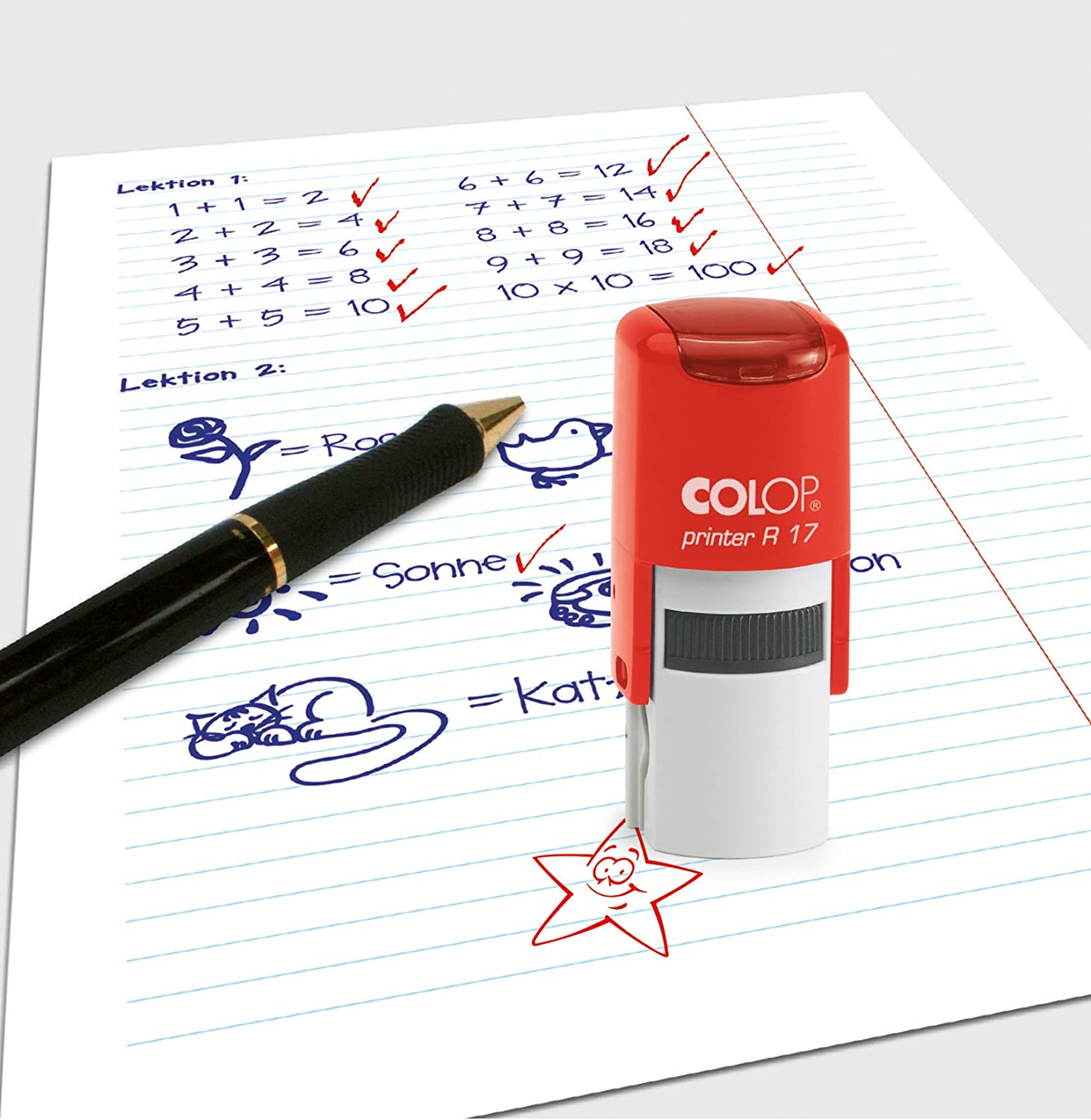 COLOP 141845 Rubber Stamp Set, 3, 3 Designs, 3 Colours, Red Blue Black, 9,4 x 3,4 x 7,3 cm - Image 3