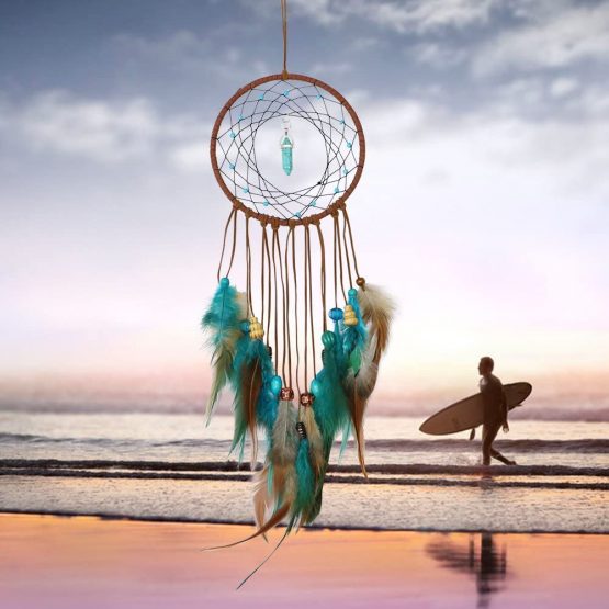 Dremisland Forest Turquoise Dream Catchers - Handmade Exquisite Feather Beaded Dreamcatcher for Kids/Cars/Bedroom - Indians Traditional Art Wall Hanging Home Decoration (Blue and Brown) - Image 2