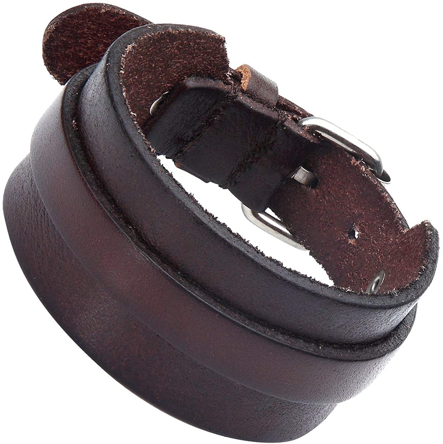 URBAN JEWELRY Stunning Adjustable Dark Brown Cuff Leather Bracelet for Men (Metal Buckle Clasp)