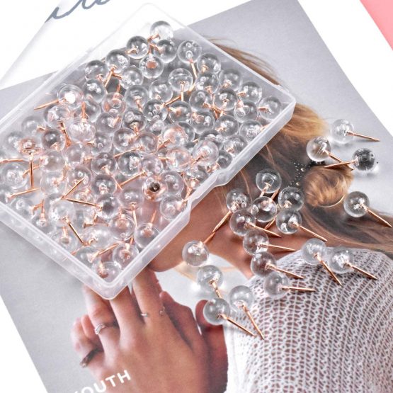 Fodlon Push Pins, 100pcs Drawing Pins Clear Map Pins for Notice Board Thumb Tacks Cork Board Pins Push Pins for Cork Board World Map Pin Board Pin Board for Bedrooms Cork Notice Board, Rose Gold - Image 3