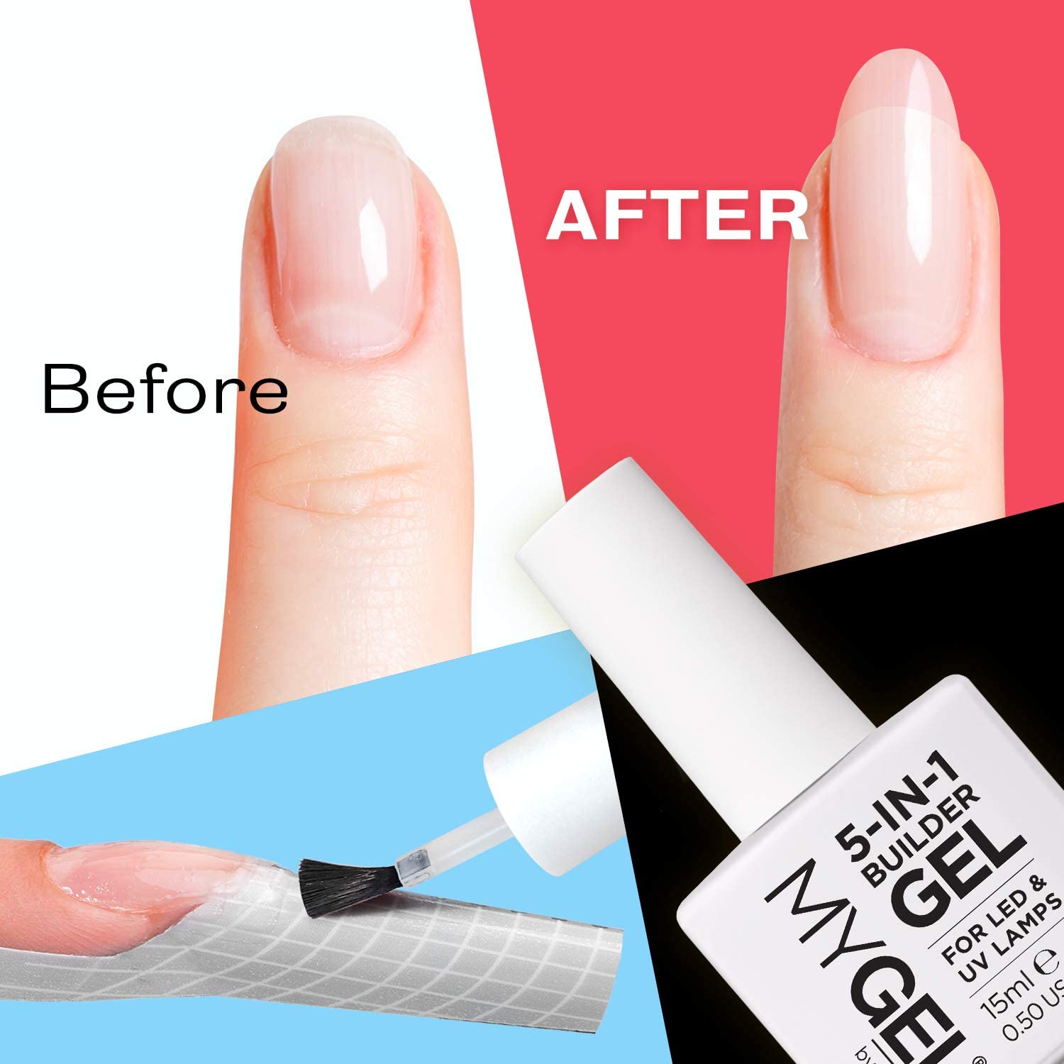 Mylee 5 in 1 Builder Base Strengthening Gel 15ml, UV/LED Nail Polish Coat for Hard Strong Nails Tips & Extensions - Image 4