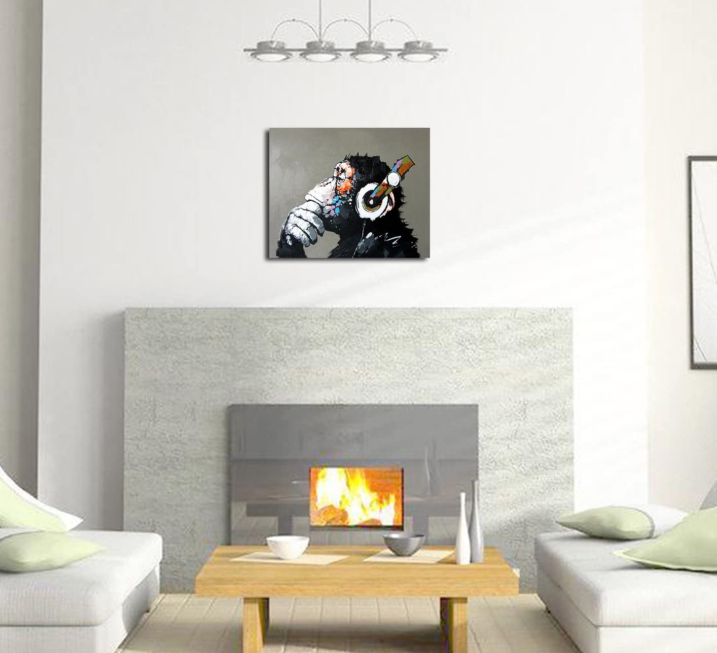 Fokenzary Hand Painted Oil Painting on Canvas Pop Art Cool Ape Listening Music with Headphone Framed Ready to Hang - Image 3