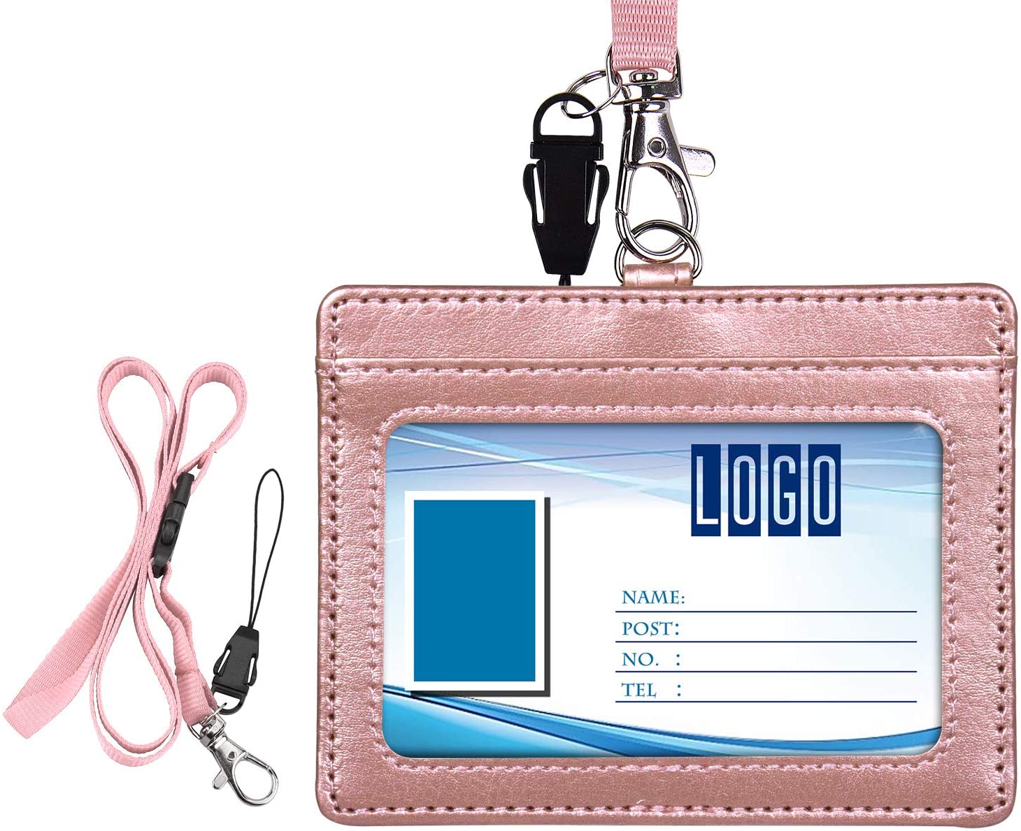 Wisdompro 2-Sided PU Leather ID Badge Holder with 1 ID Window and 1 Card Slot and 1 Piece 22 Inch Polyester Detachable Neck Lanyard Strap (Holds 3 to 4 Cards)- Rose Gold (Horizontal)